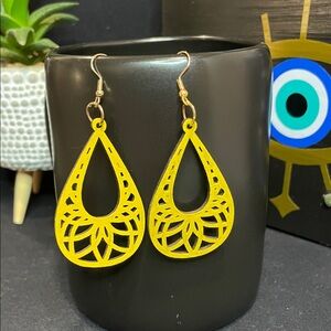 Hand-Painted Lightweight Wood Teardrop Earrings in Sunny Yellow